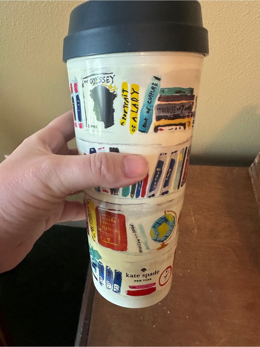 kate spade Cream Travel Tumbler with Book & Globe Motif